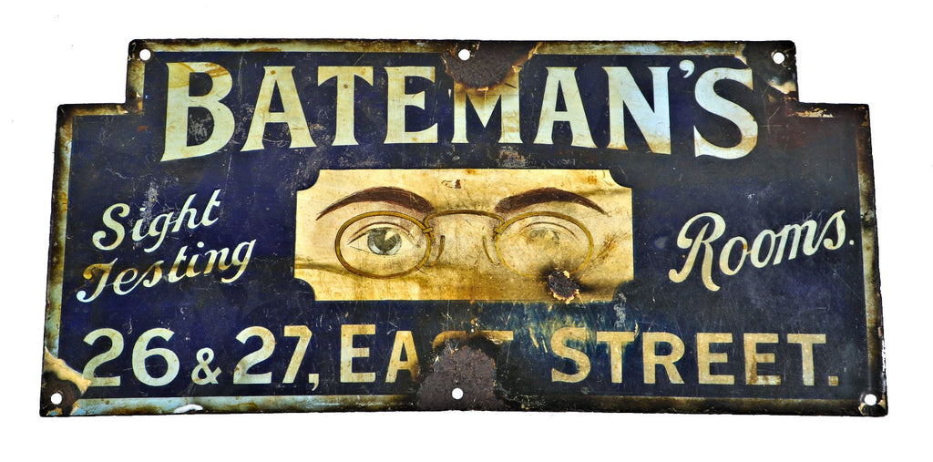 exceptionally rare and visually striking 1910-1920 antique american optician "sight testing rooms" polychromatic porcelain enameled die cut steel sign