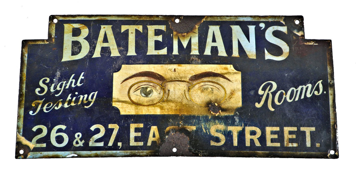 exceptionally rare and visually striking 1910-1920 antique american optician "sight testing rooms" polychromatic porcelain enameled die cut steel sign
