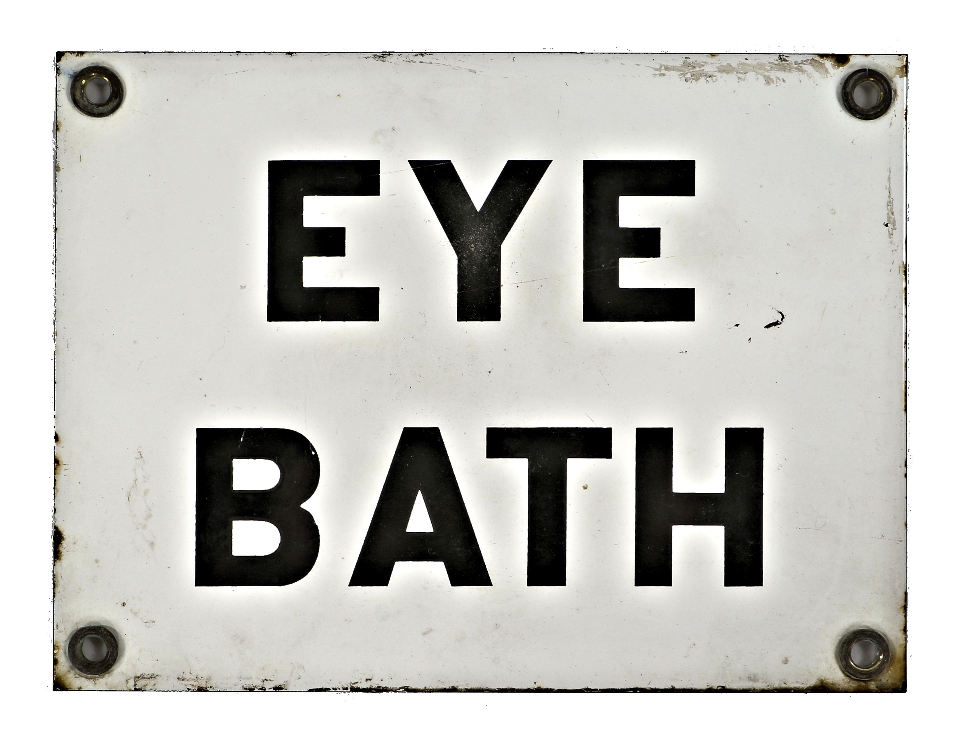 original and seldom found and well-maintained antique american industrial chicago factory machine shop "eye bath" first aid station or shower sign with bold black lettering