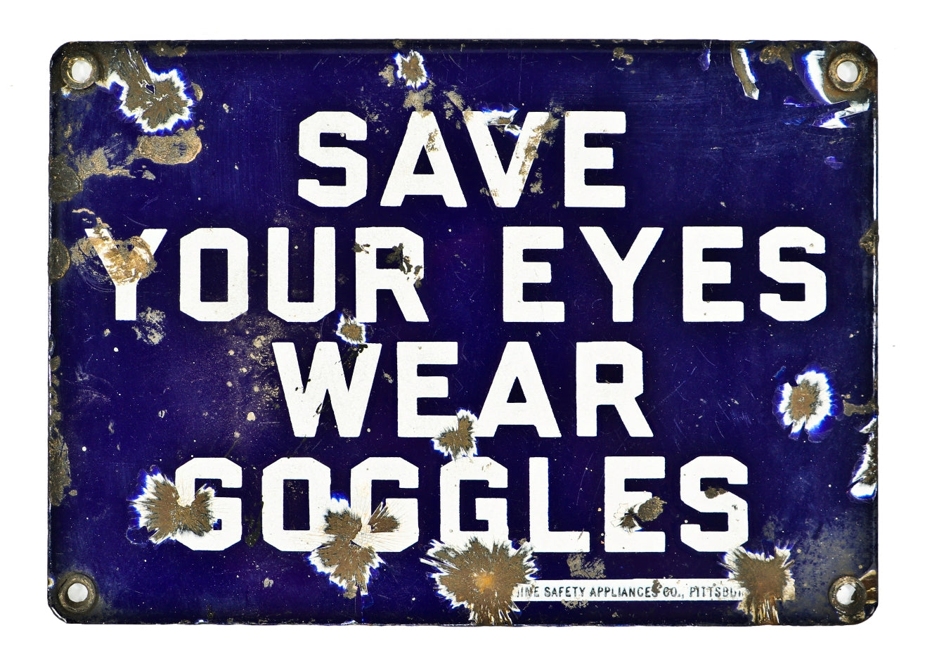 early 20th century single-sided antique american industrial cobalt blue porcelain enameled die cut steel steel "wear goggles" factory sign with intact grommets