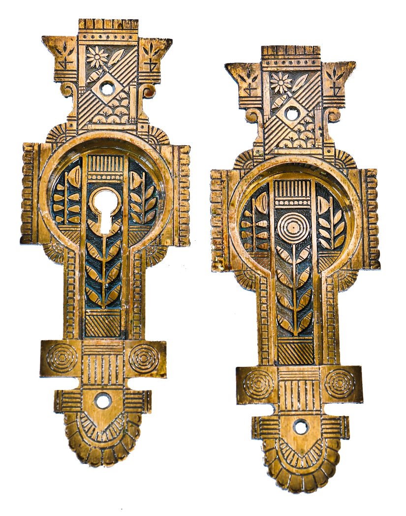 pair of all original and intact 19th century eastlake style ornamental cast bronze interior residential three-flat pocket or sliding door backplates or escutcheons