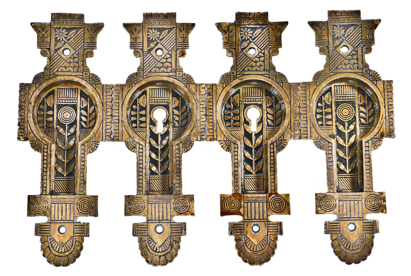 group of exceptional all original c. 1880's antique american eastlake style ornamental cast bronze oversized residential pocket door escutcheons with black enameled inlay