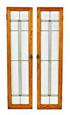 one of two sets of matching all original c. 1915 american mission or prairie style golden oak wood leaded glass interior residential cabinet doors with diminutive square-shaped flash glass accents