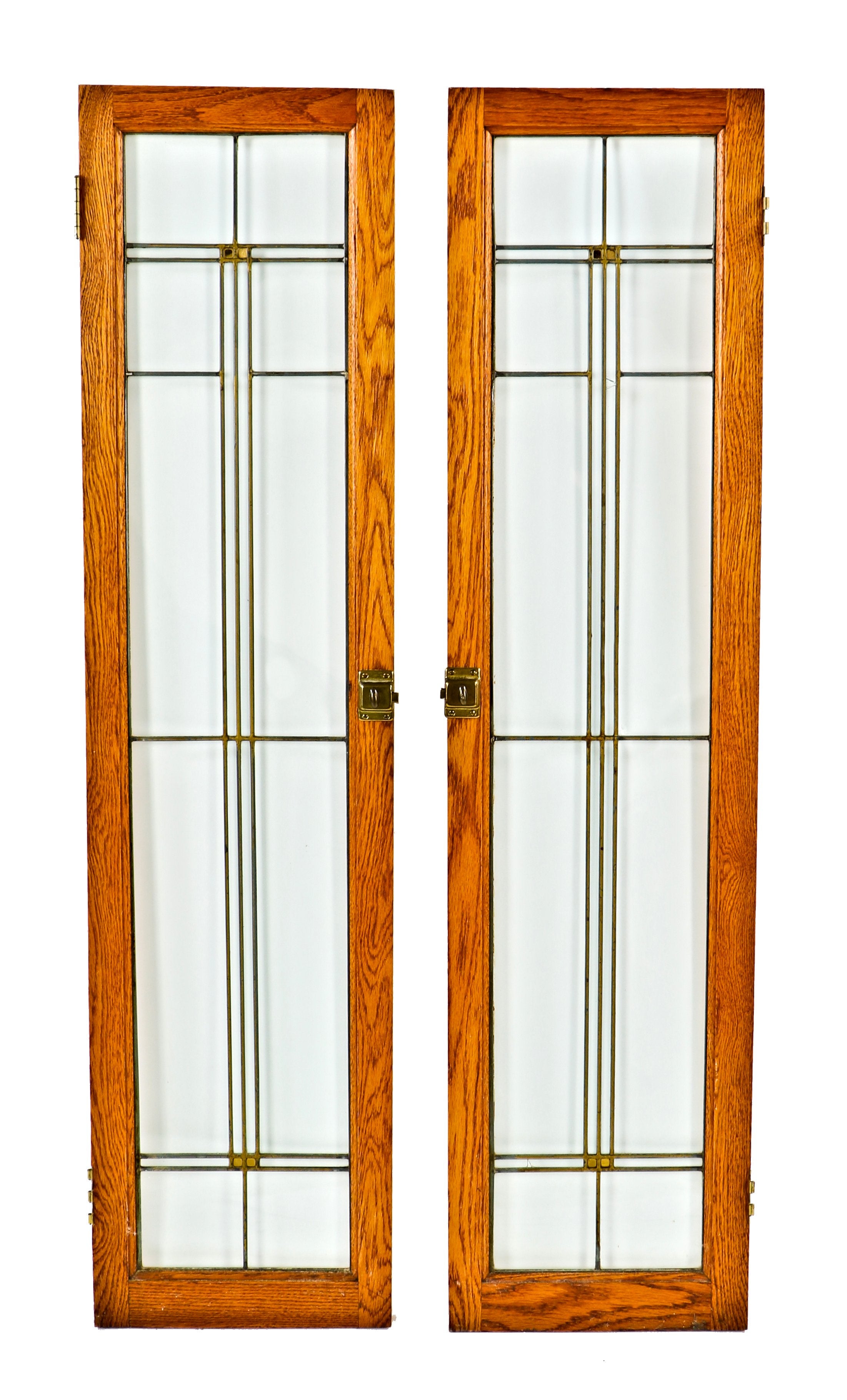 one of two sets of matching all original c. 1915 american mission or prairie style golden oak wood leaded glass interior residential cabinet doors with diminutive square-shaped flash glass accents