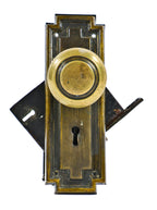 one of ten matching all original and well-maintained antique american c. 1915 stamped brass mission style interior residential passage door hardware locksets