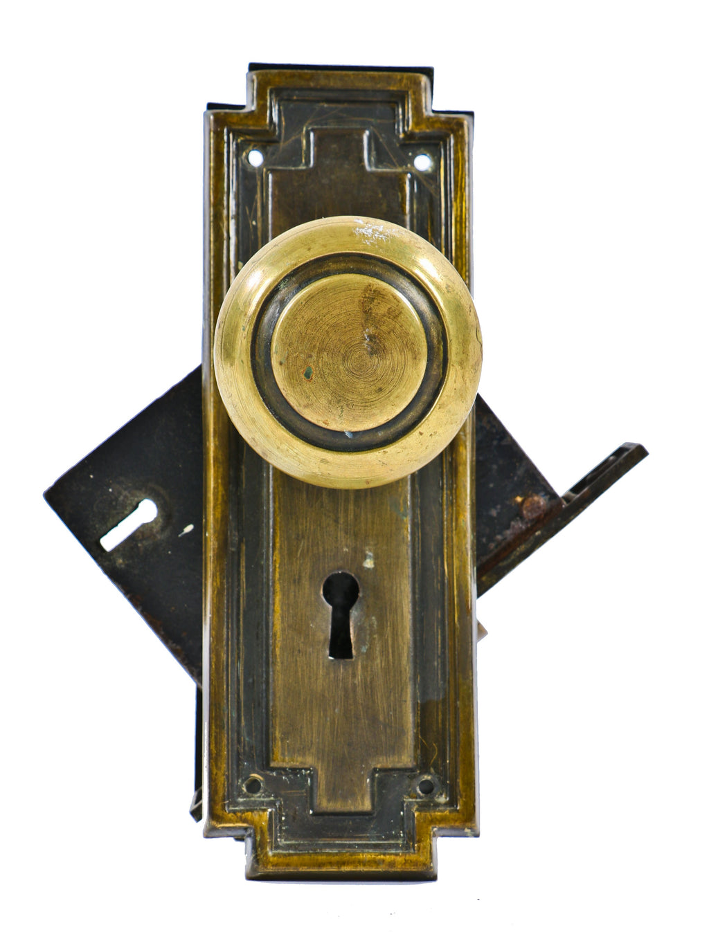 original c. 1915 antique ameican mission style stamped yellow brass interior residential passage door hardware salvaged from a chicago prairie style brick residence
