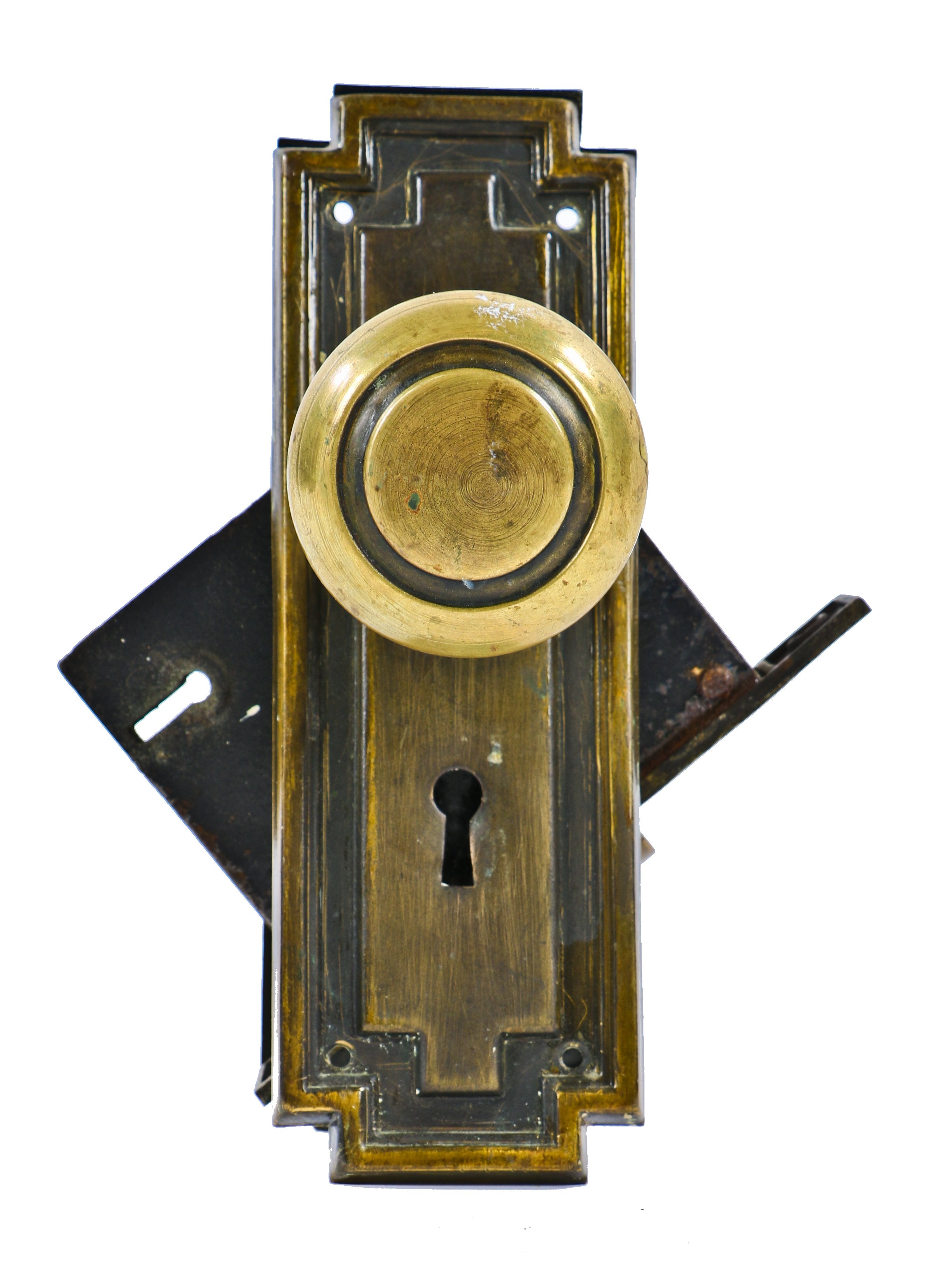 original c. 1915 antique ameican mission style stamped yellow brass interior residential passage door hardware salvaged from a chicago prairie style brick residence
