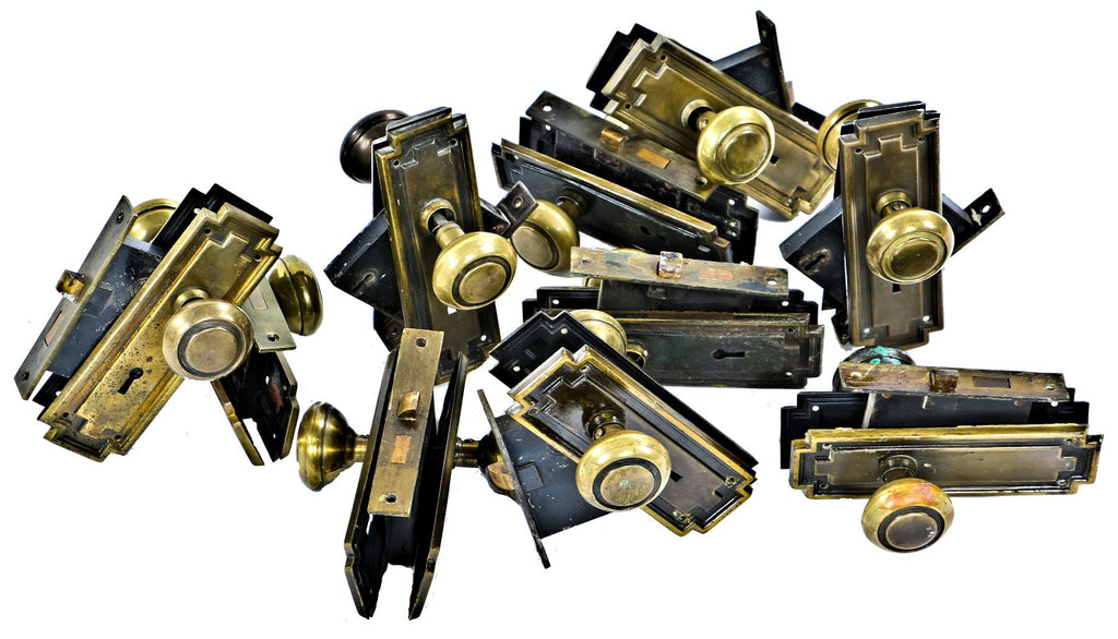 original c. 1915 antique ameican mission style stamped yellow brass interior residential passage door hardware salvaged from a chicago prairie style brick residence