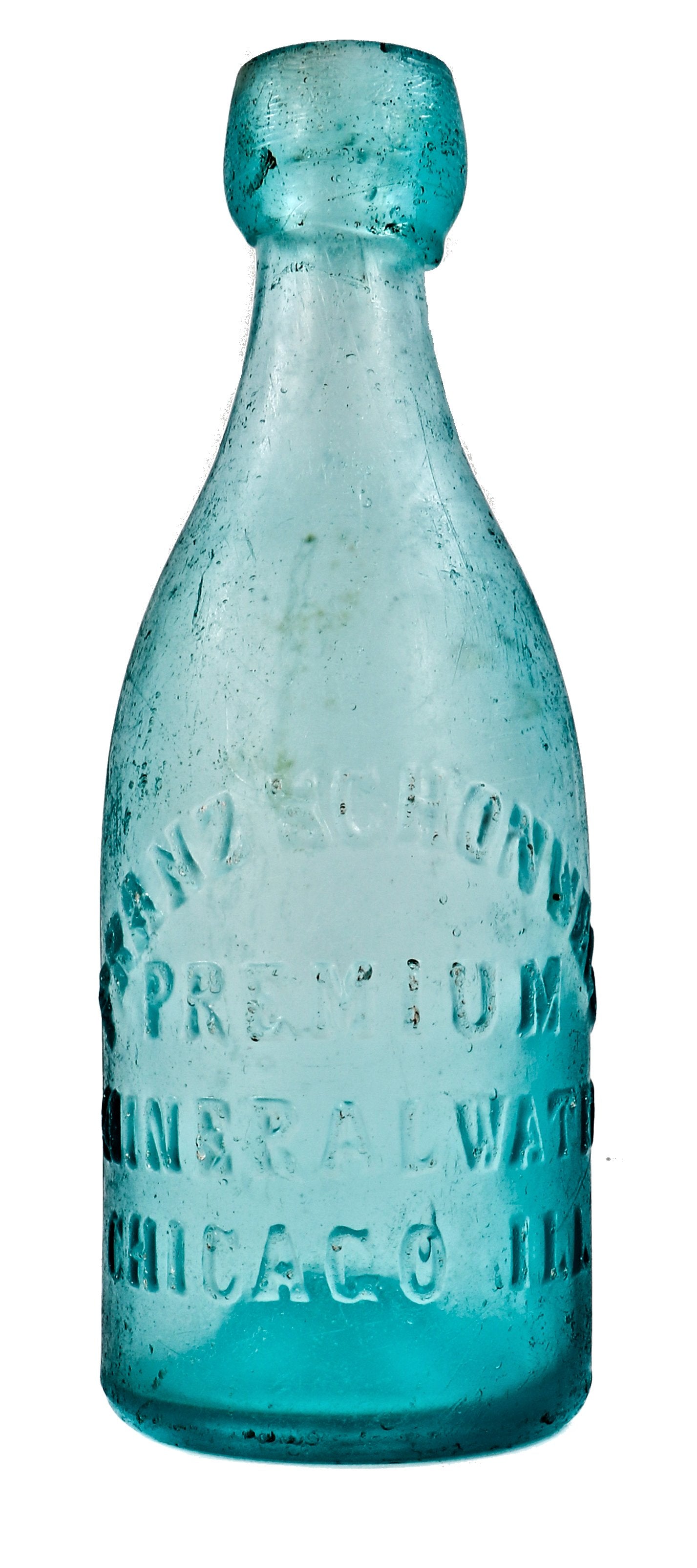 hard to find original and intact privy dug mid-nineteenth century blue aqua glass blobtop soda bottle manufactured for chicago bottler francis schonwald
