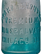 hard to find original and intact privy dug mid-nineteenth century blue aqua glass blobtop soda bottle manufactured for chicago bottler francis schonwald