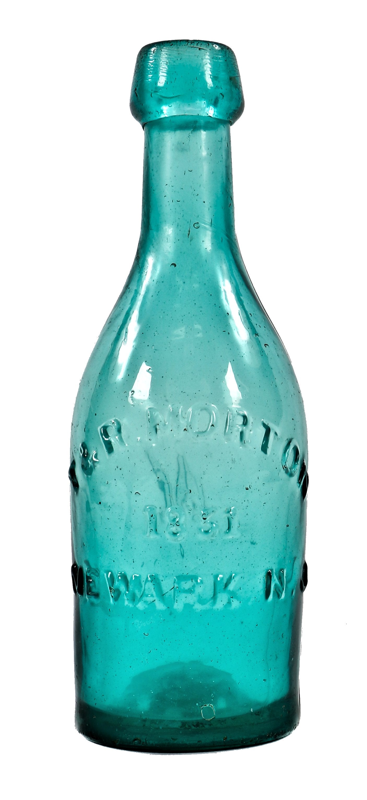 original mid-nineteenth century antique american t. & r. morton iron-pontiled medium green glass soda or mineral water pony style bottle with deep kick up and heavy iron oxide residue