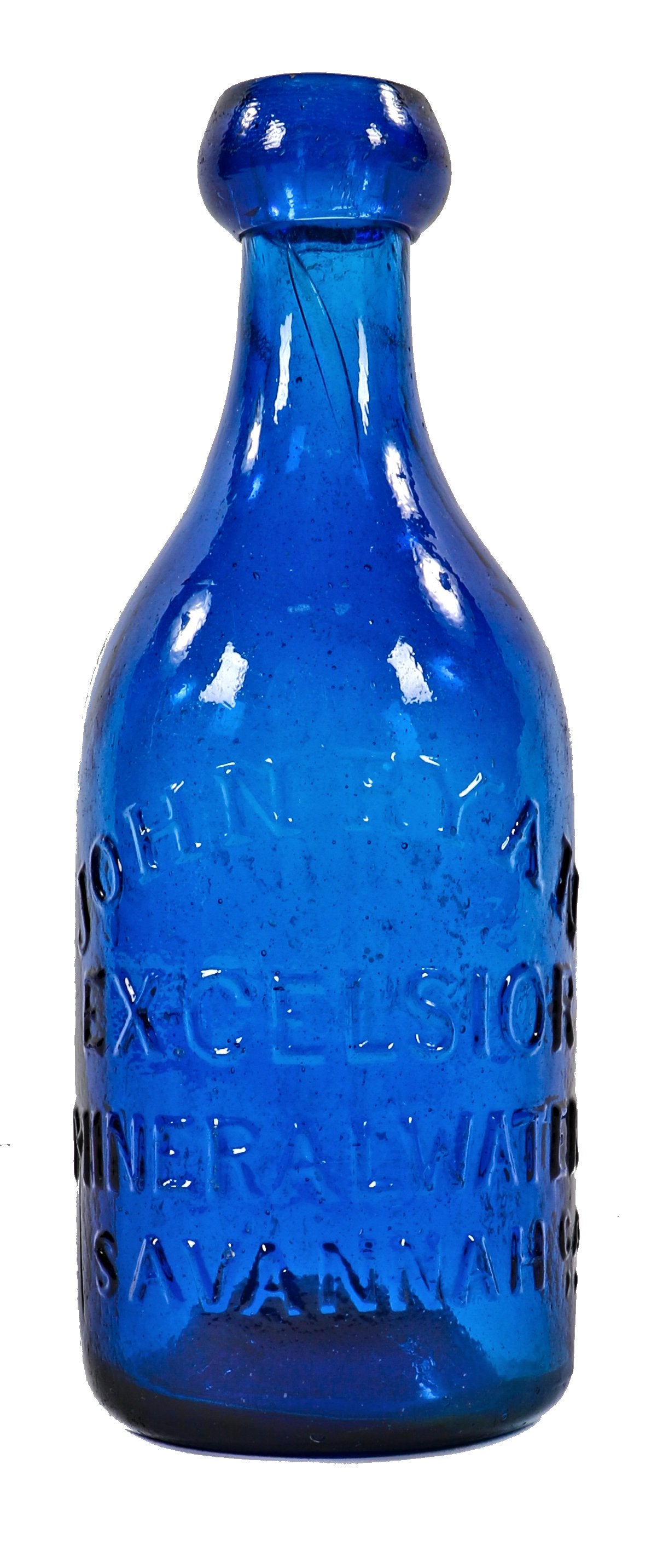 richly colored c. 1850's antique american single cleaned residential privy dug cobalt blue pontiled john ryan mineral water pony bottle with an applied blobtop