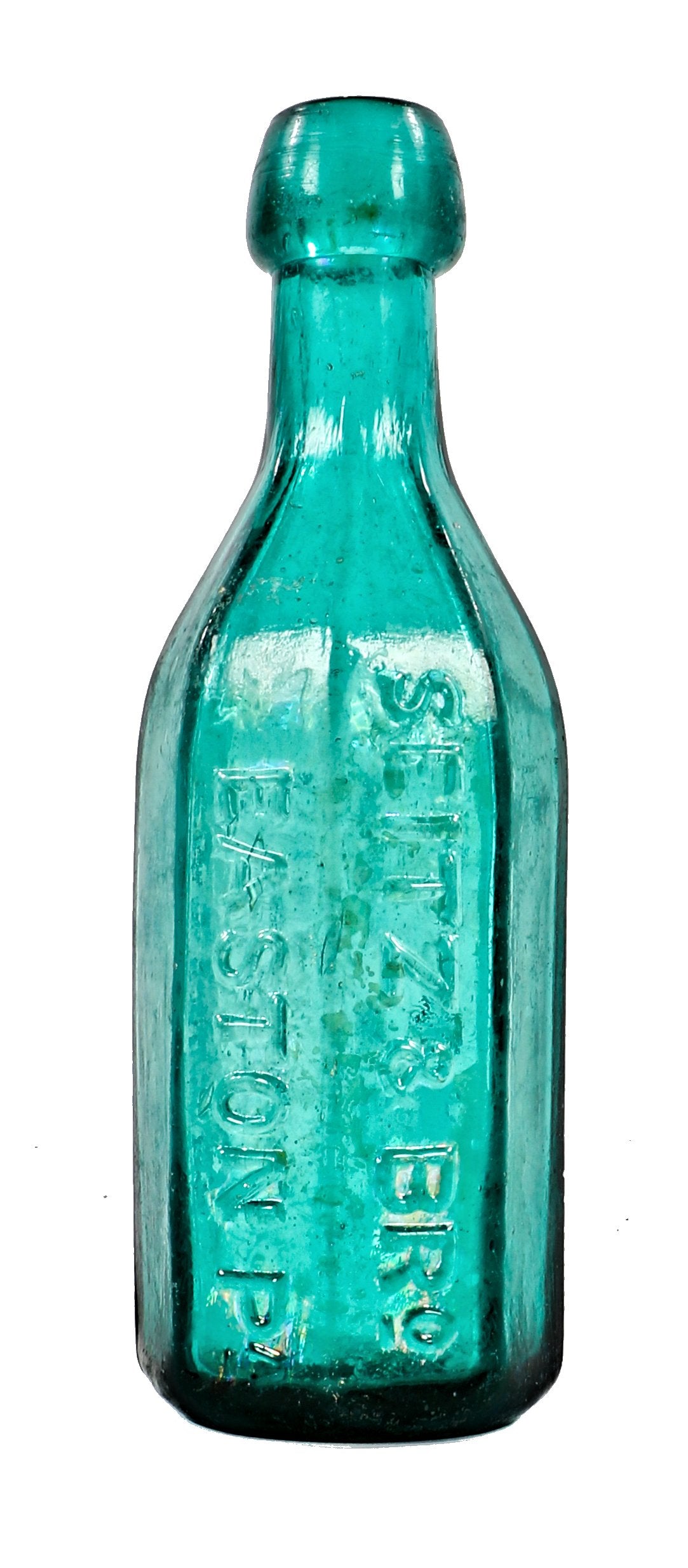 rare and hard to find mid-nineteenth century privy dug teal glass 8-sided soda bottle fabricated for seitz & bros., in easton pa