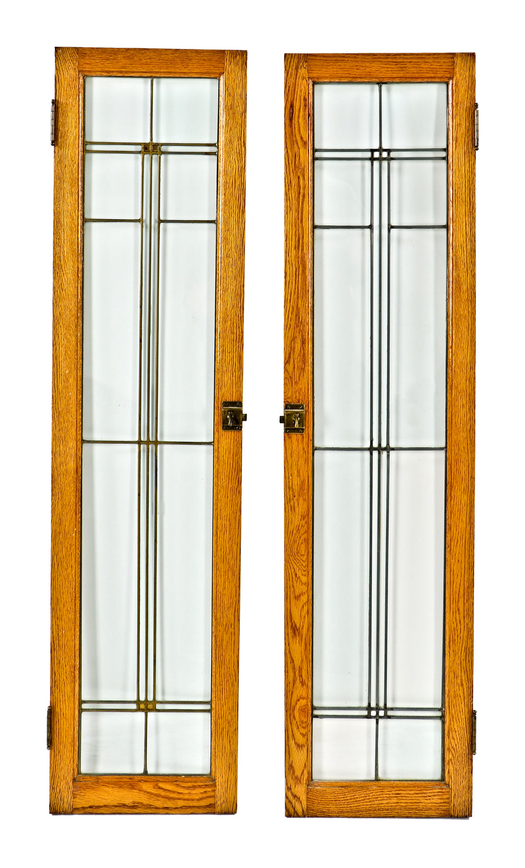 matching set of all original and intact american prairie school style c. 1915 interior residential leaded glass cabinet doors with golden oak wood sash frames and gold leaf square glass accents