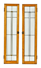 matching set of all original and intact american prairie school style c. 1915 interior residential leaded glass cabinet doors with golden oak wood sash frames and gold leaf square glass accents