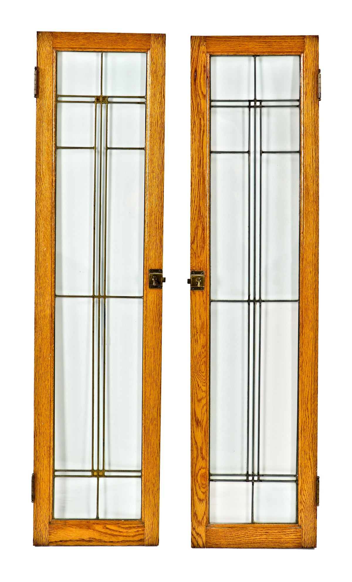matching set of all original and intact american prairie school style c. 1915 interior residential leaded glass cabinet doors with golden oak wood sash frames and gold leaf square glass accents