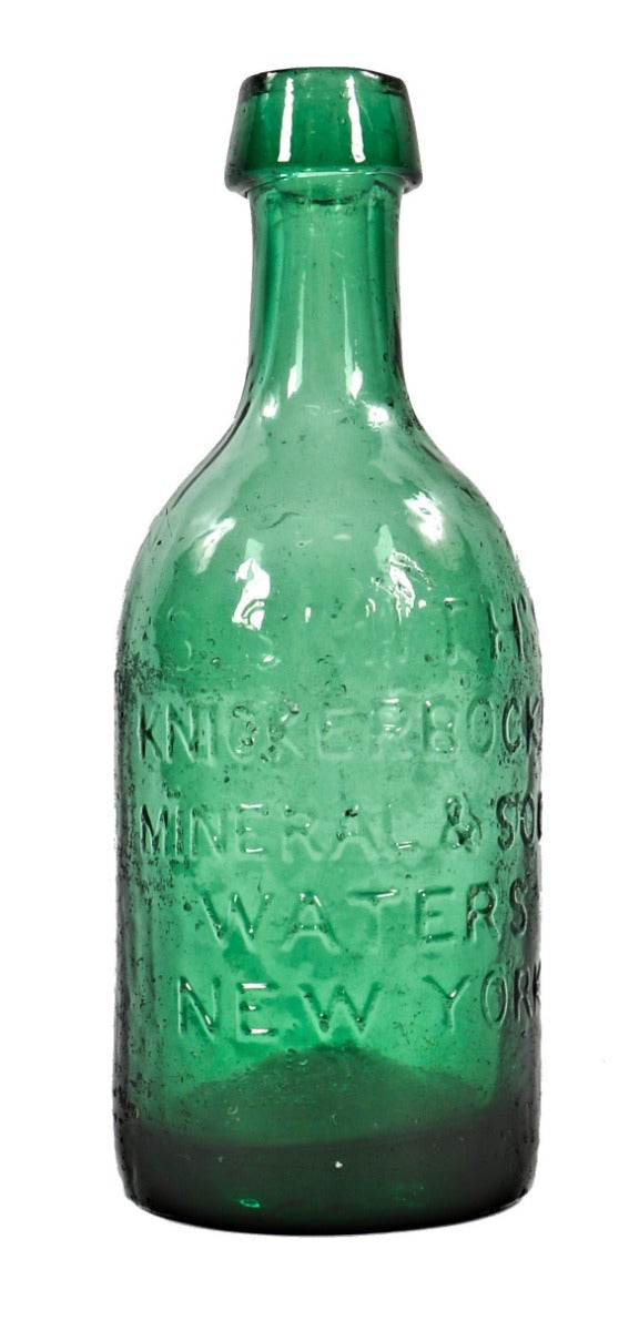 completely intact c. late 1840's light emerald green glass "knickerbocker" soda bottle manufactured for new york bottler samuel smith