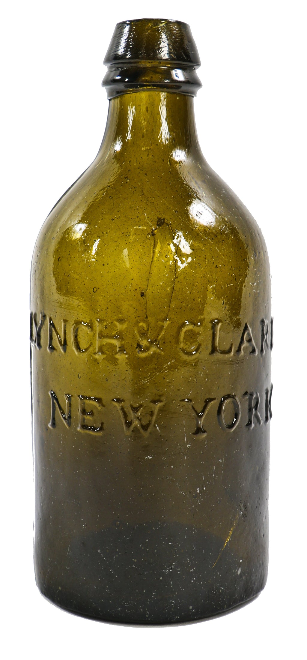 exceptional rare and all original early c.1825-1833 black glass saratoga pint spring water bottle manufactured for thomas lynch and john clarke in new york