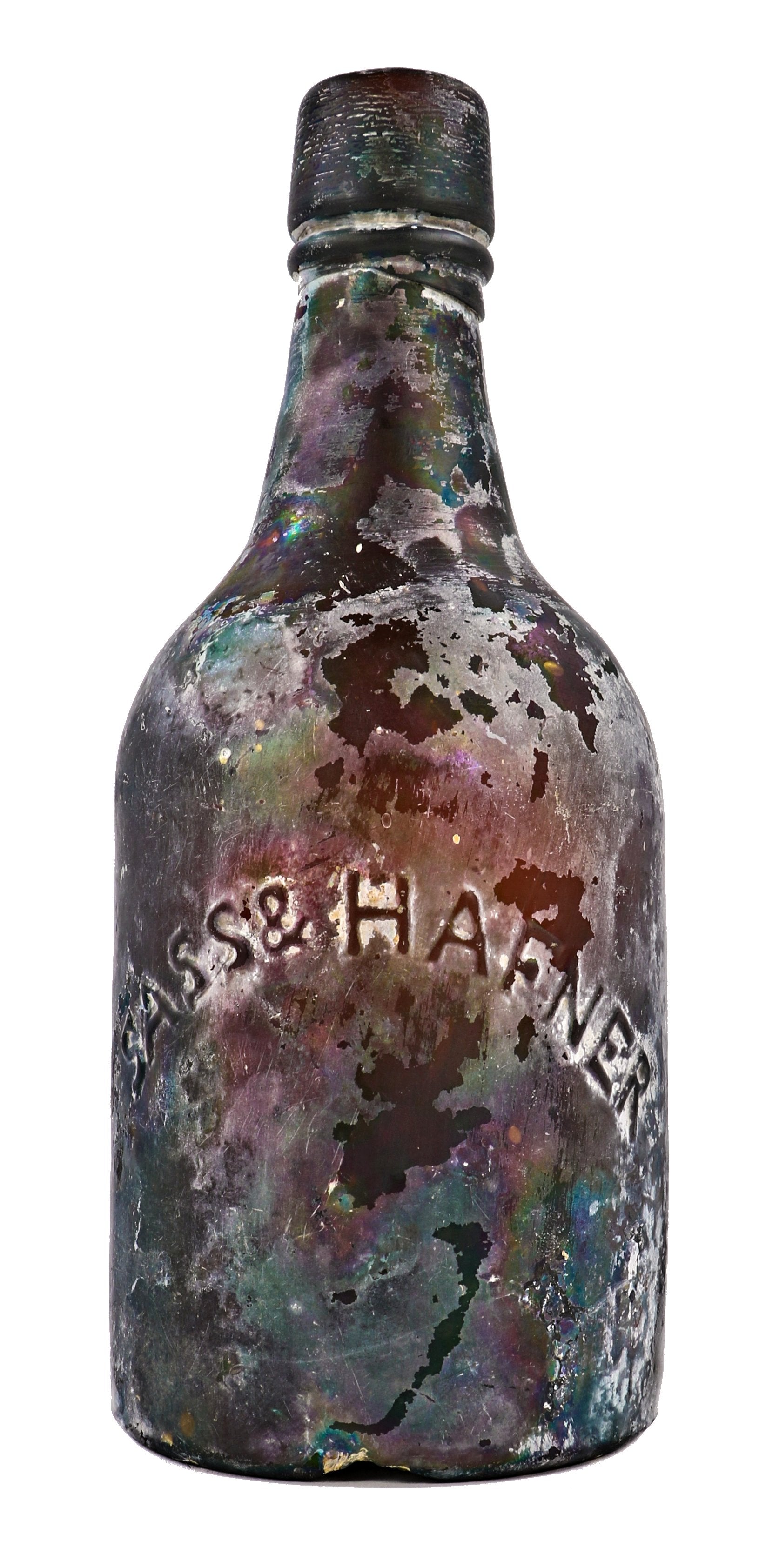 rare original and intact mid-nineteenth century privy dug black glass quart size bottle manufactured for sass & hafner in chicago, il.