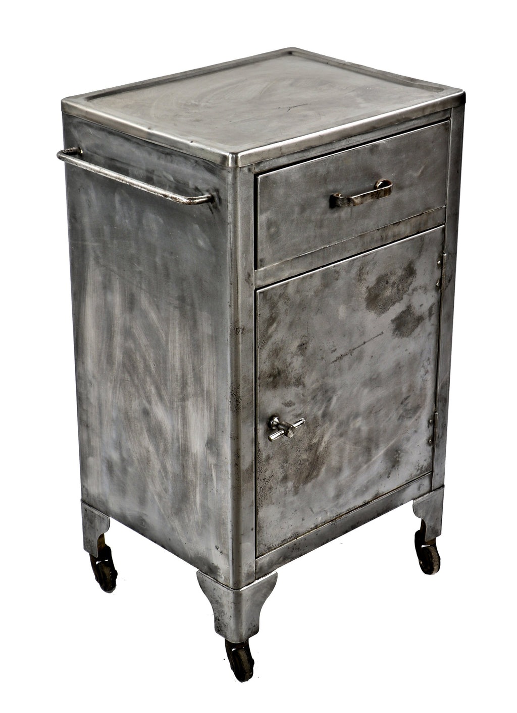 beautifully refinished late 1930's or early 1940's american antique medical mobile hospital operating room pressed and folded steel storage cart with intact bassick casters
