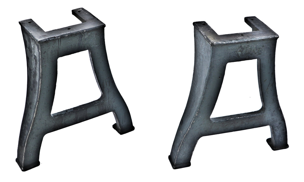 matching set of original and solidly-constructed antique american industrial early 20th century freestanding cast iron curvaceous machine shop turret lathe legs