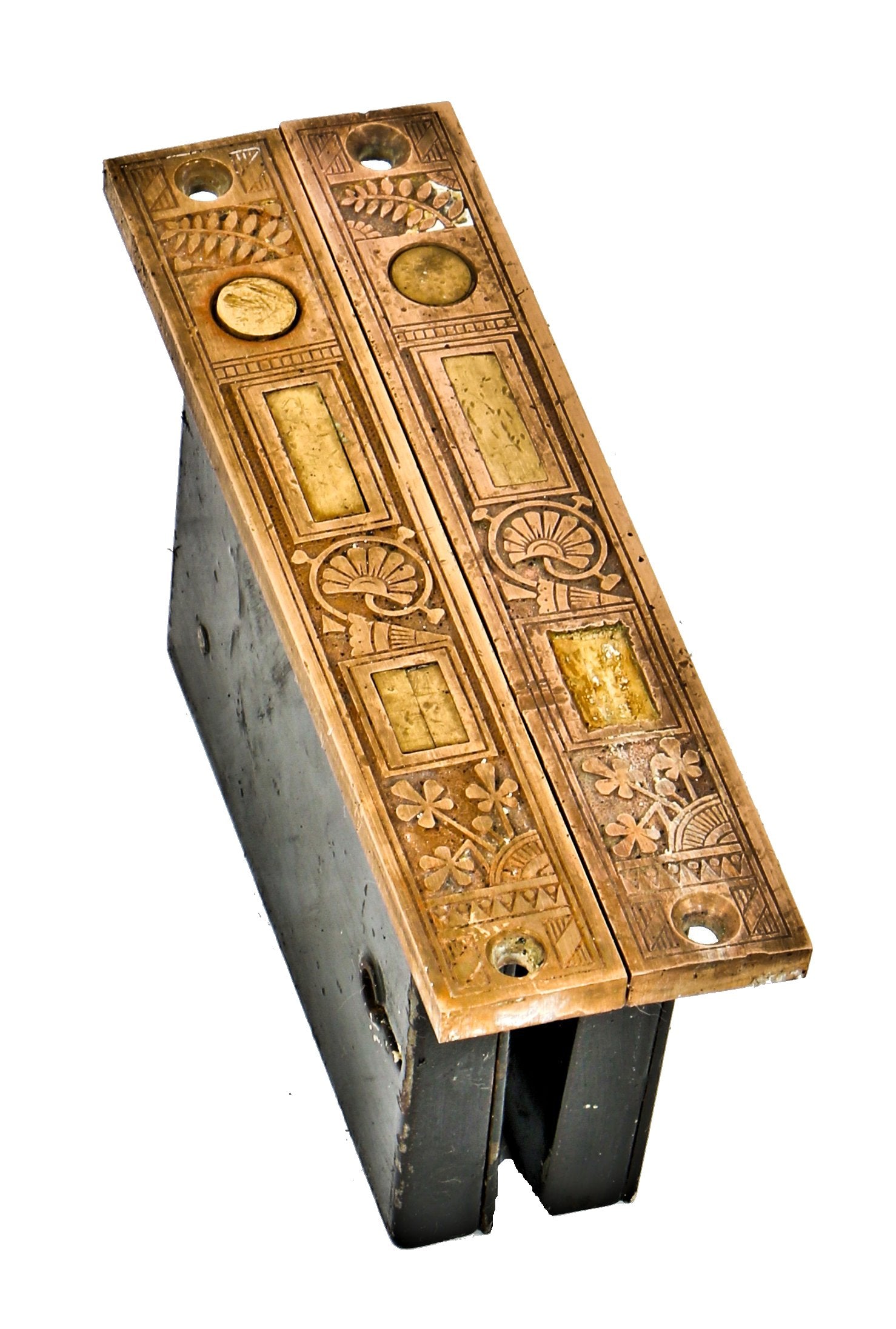 matching set of original early 1880's antique american aesthetic ornamental cast bronze and brass pocket door mortise locks salvaged from a chicago three-flat residence