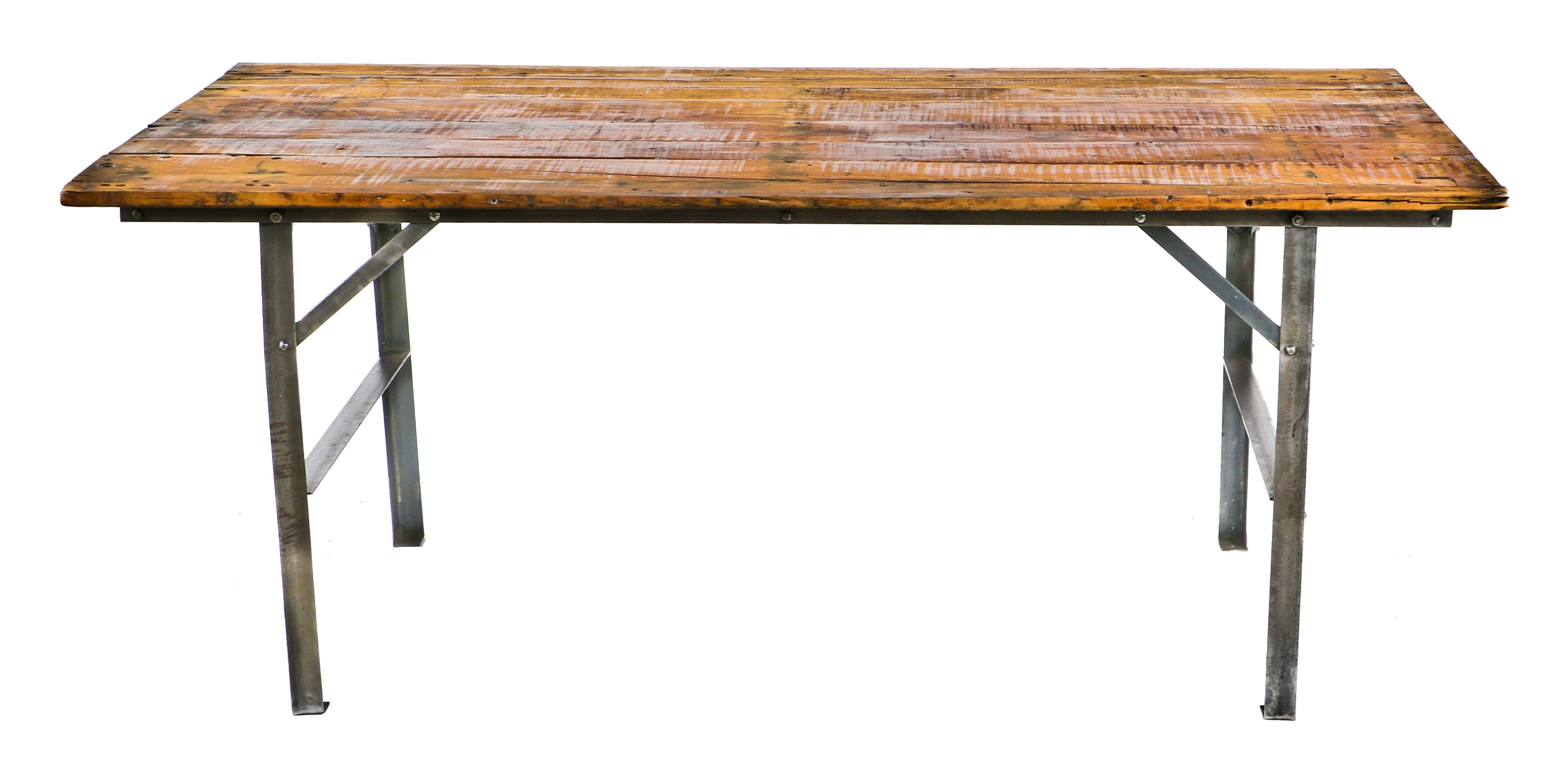 oversized c. 1920's antique american industrial roberts electric company angled steel four-legged workbench with original birch wood tabletop and riveted joints