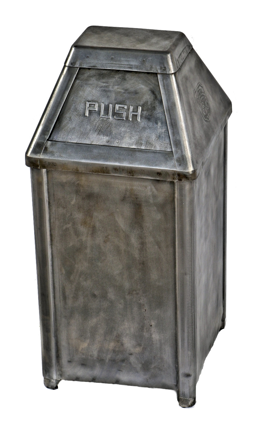 one of two nearly identical hard to find completely refinished antique american industrial self-closing pyramidal-shaped stationary pressed and folded steel trash can