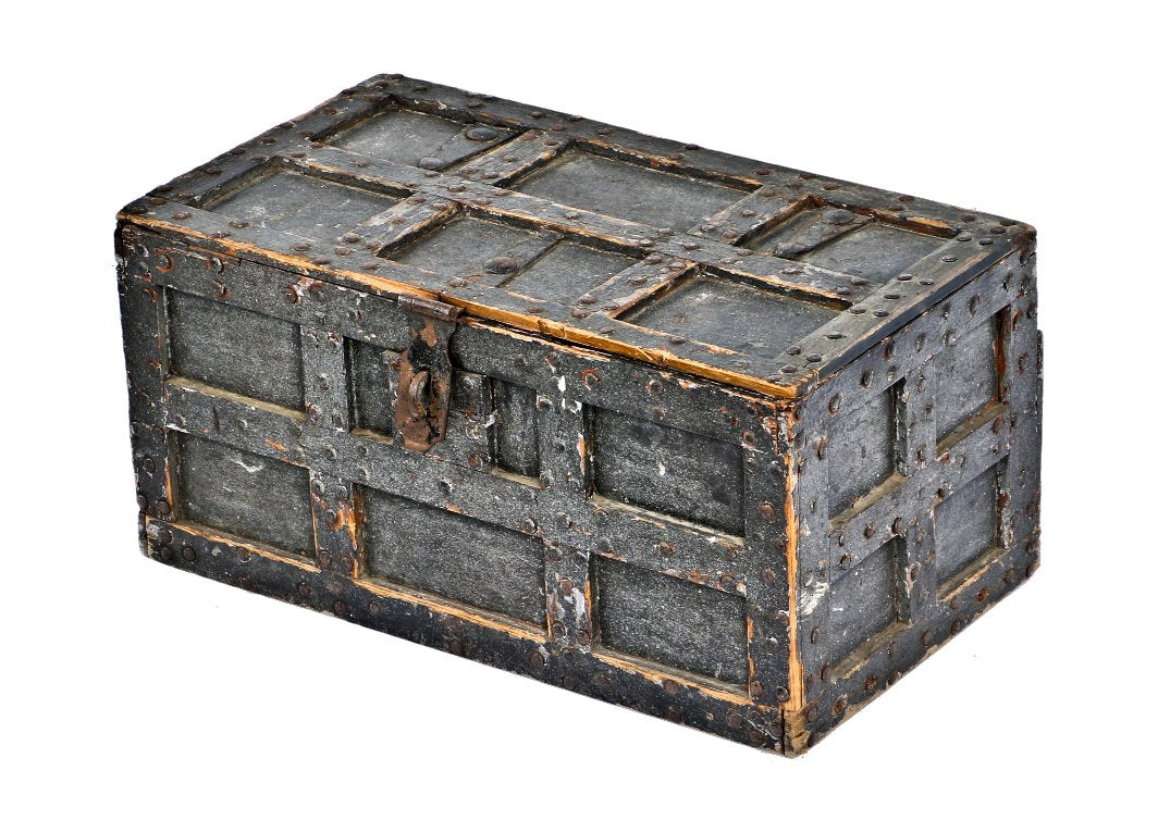 unique c. 1920's antique american industrial folk art "strong box" tool chest comprised of wood reinforced with several strips of wood containing rivet heads