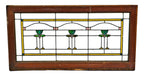 original c. 1915-20 antique american interior residential chicago bungalow art glass prairie style window with elegant repeating floral motifs and original wood sash frame