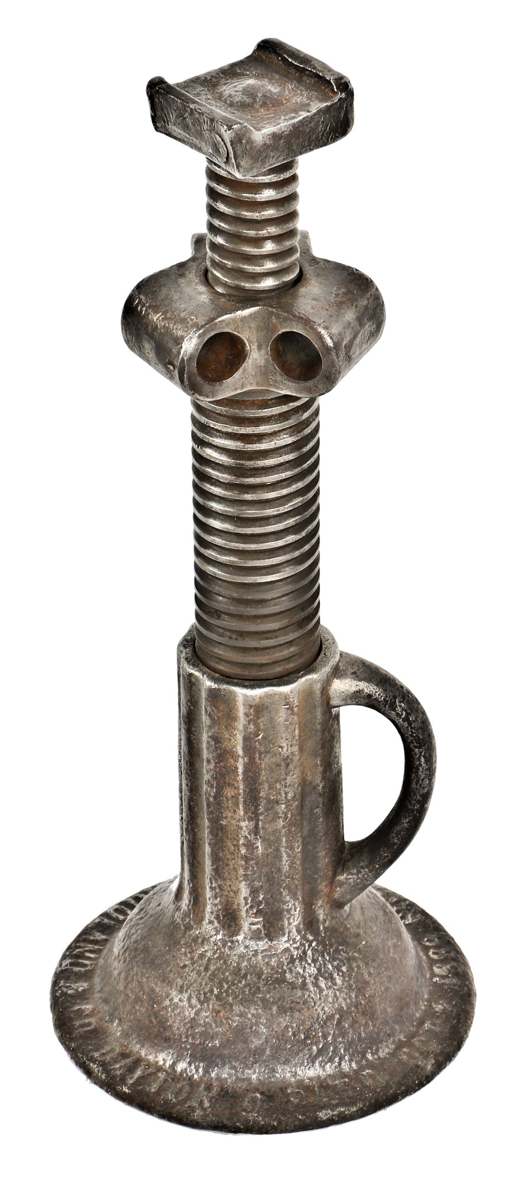 unique and full functional c. 1880's antique american industrial refinished ornamental cast iron telescoping house or railroad double movement screw jack with fluted base and handle