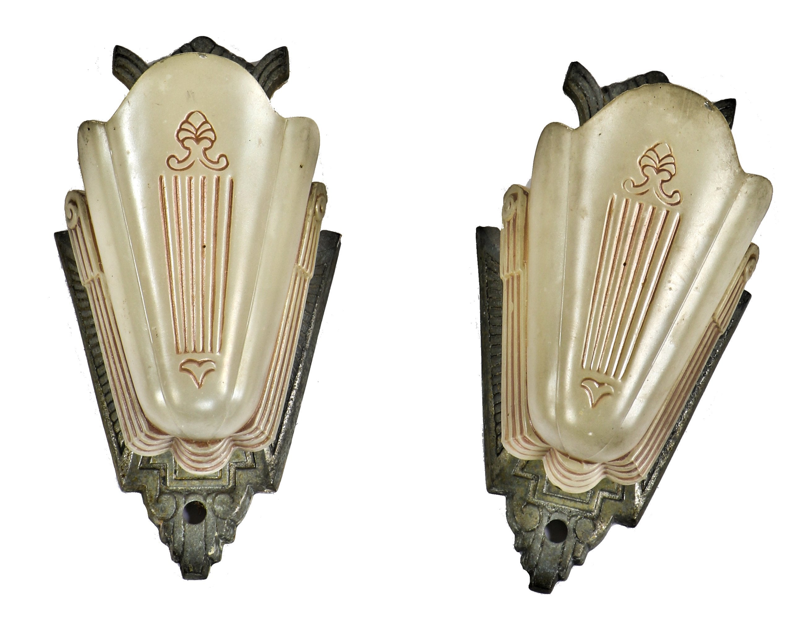 matching set of all original and fully functional american art deco depression era slip shade wall sconces with two-tone baked enameled pressed glass shades