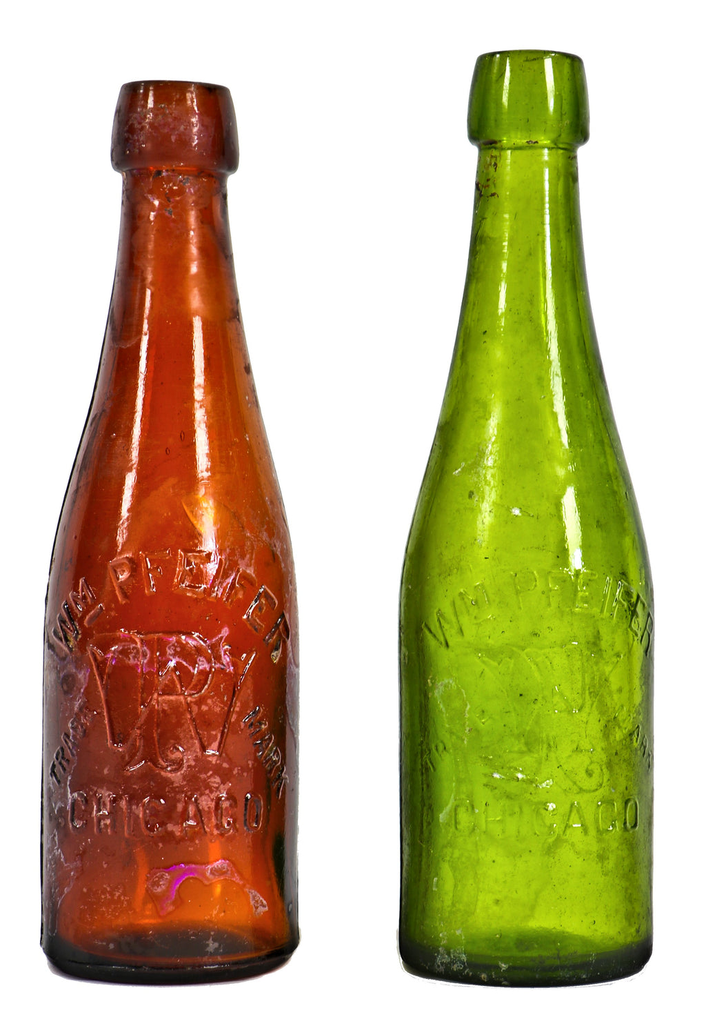 hard to find intact and original late nineteenth century reddish amber st. louis weiss style bottle manufactured for chicago bottler william pfeifer.
