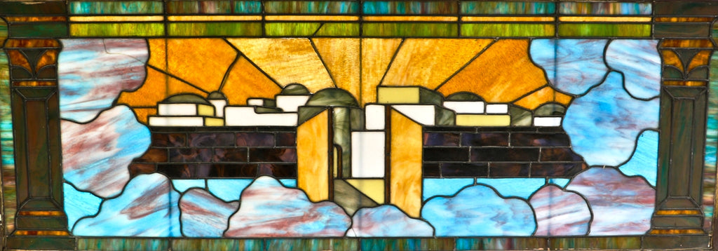 original and vibrantly colored massive scenic stained glass interior residential window salvaged from a chicago residence constructed in 1905