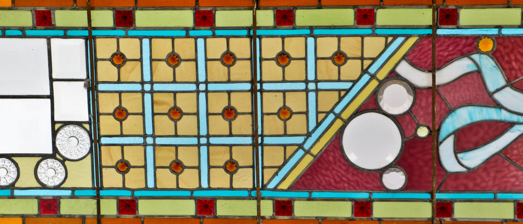 original oversized long and narrow intact late 1880's high victorian era stained glass window salvaged from a prominent gold coast mansion