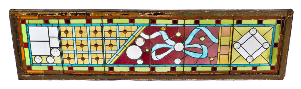original oversized long and narrow intact late 1880's high victorian era stained glass window salvaged from a prominent gold coast mansion