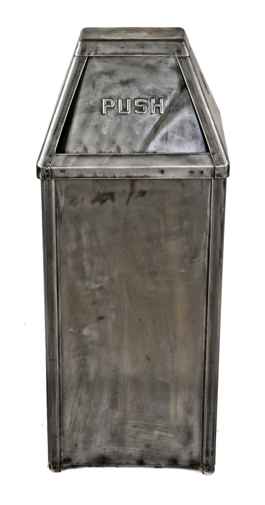 oversized refinished brushed cold-rolled steel stationary factory trash can with hinged pyramidal-shaped top and opposed or double-sided push doors