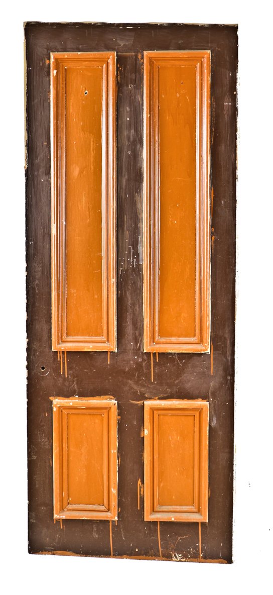 original c. 1869-70 antique american painted pine wood interior residential four panel salvaged passage door with intricate multi-part molding
