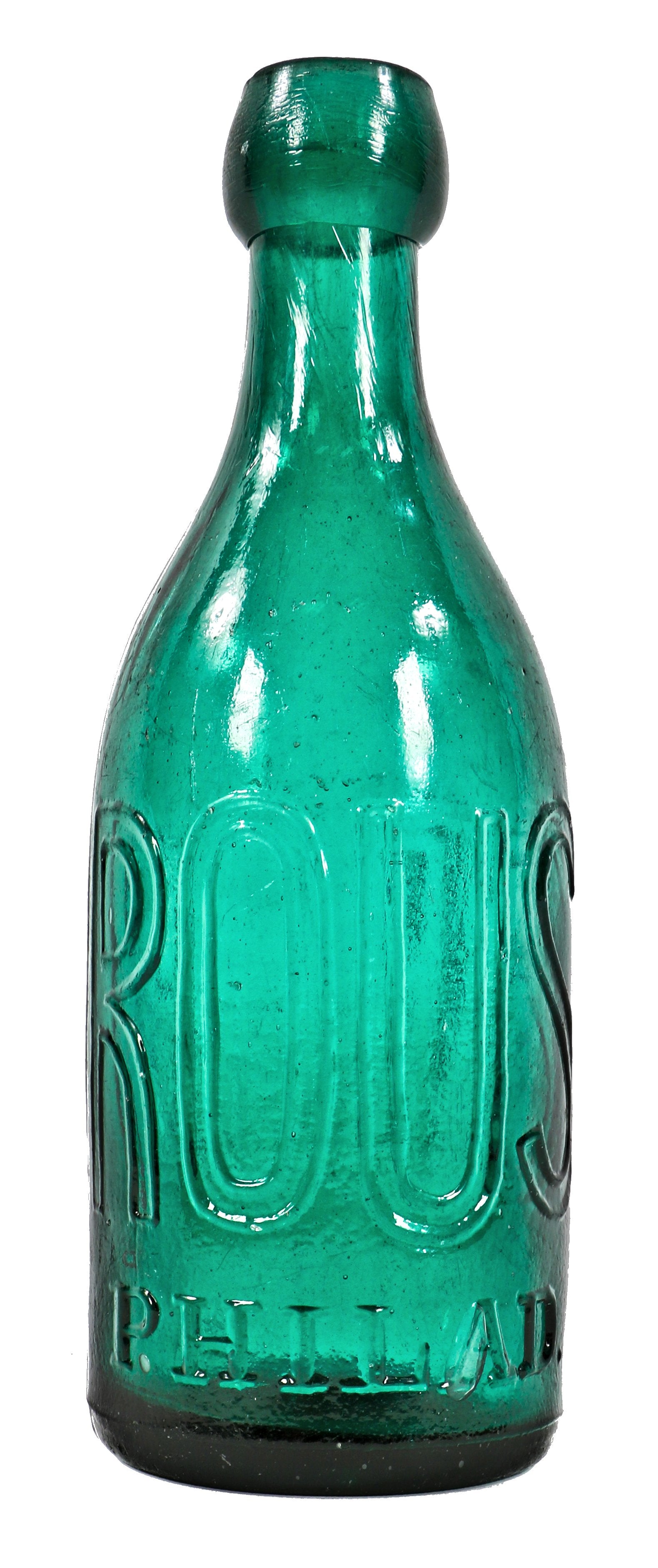 richly colored original and intact c. late 1850's irridized dark emerald green soda bottle manufactured for philadelphia bottler eugene roussel