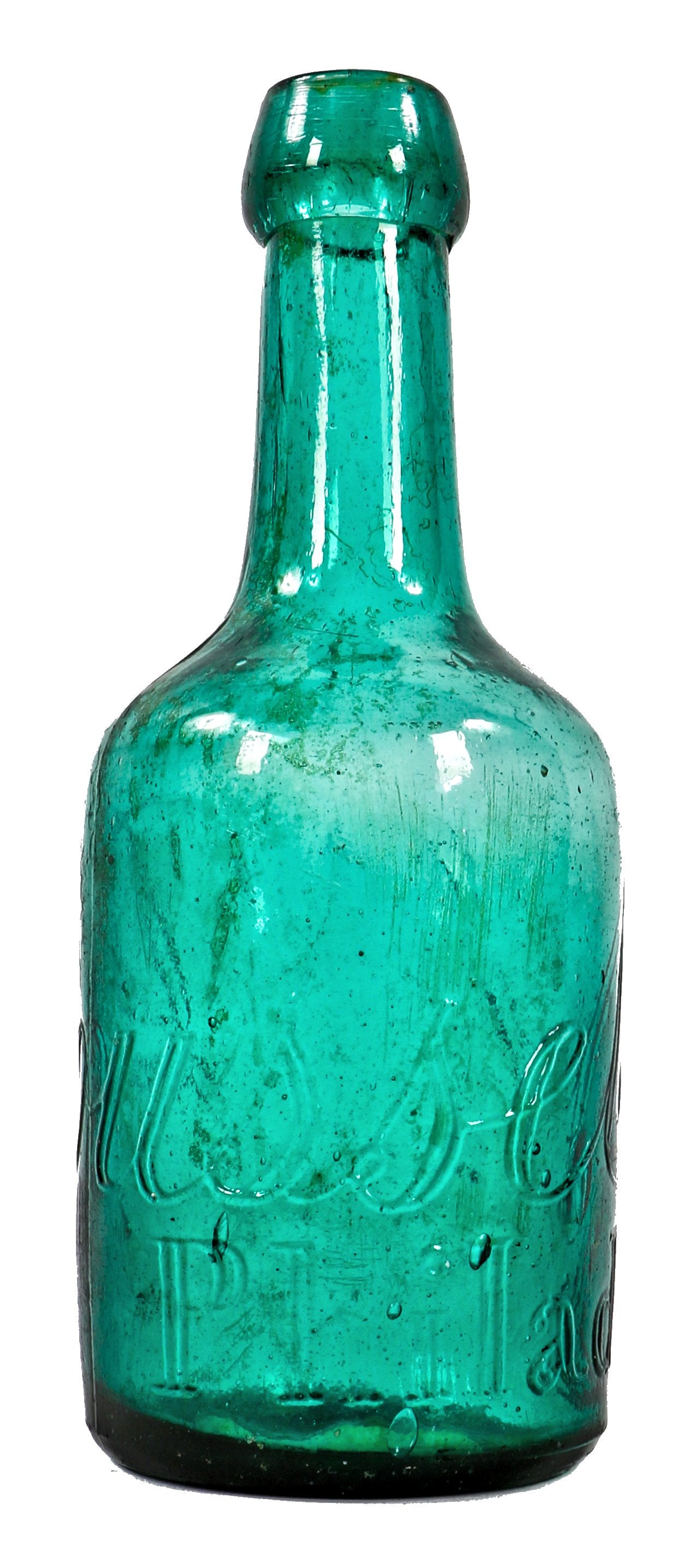 rare and unusual crude mid-nineteenth century medium emerald green soda bottle fabricated for famed philadelphia bottler eugene roussel