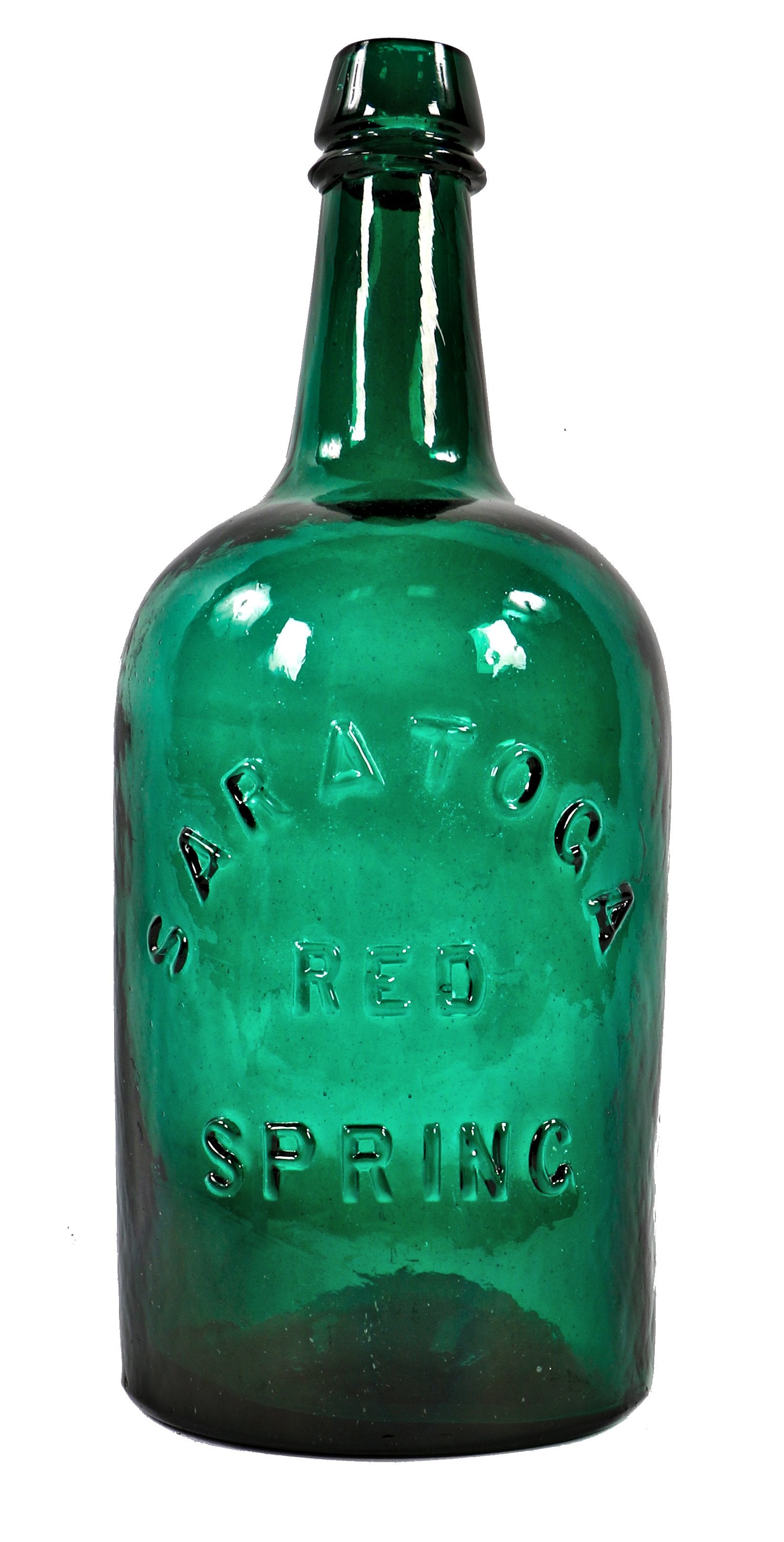 scarce mint condition nineteenth century richly colored emerald green saratoga quart glass bottle manufactured for the red spring company in saratoga, new york.