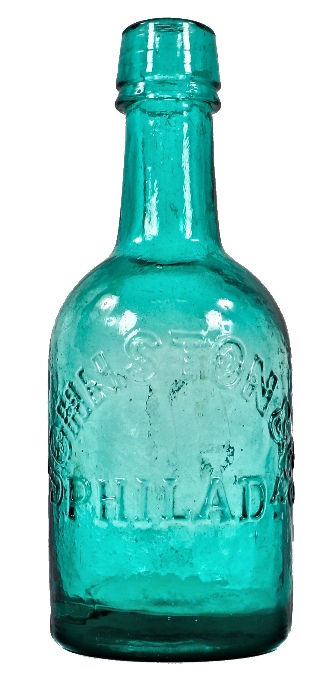 hard to find near mint condition nineteenth century vibrant light green thick glass soda bottle manufactured for philadelphia bottlers johnston & company.
