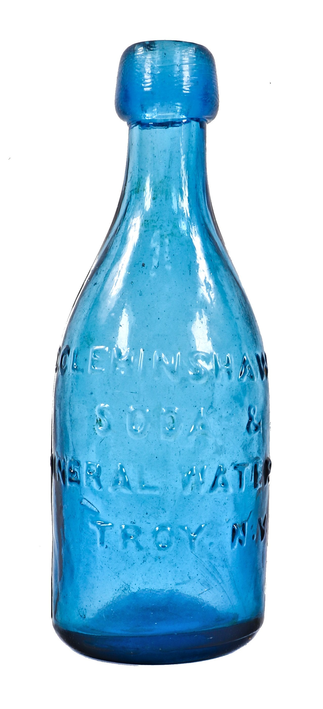 single original crude c. late 1850's-1860's vibrant cornflower blue glass soda or mineral water bottle fabricated for new york bottler charles cleminshaw.