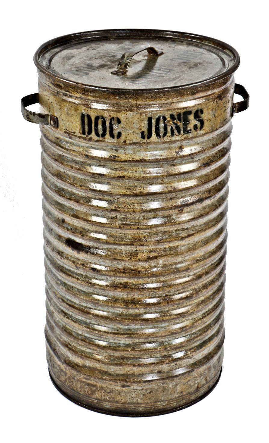 lightly cleaned and sealed american industrial "doc jones" reinforced ribbed steel factory trash can later used as a bird seed barrel for a local veterinarian clinic