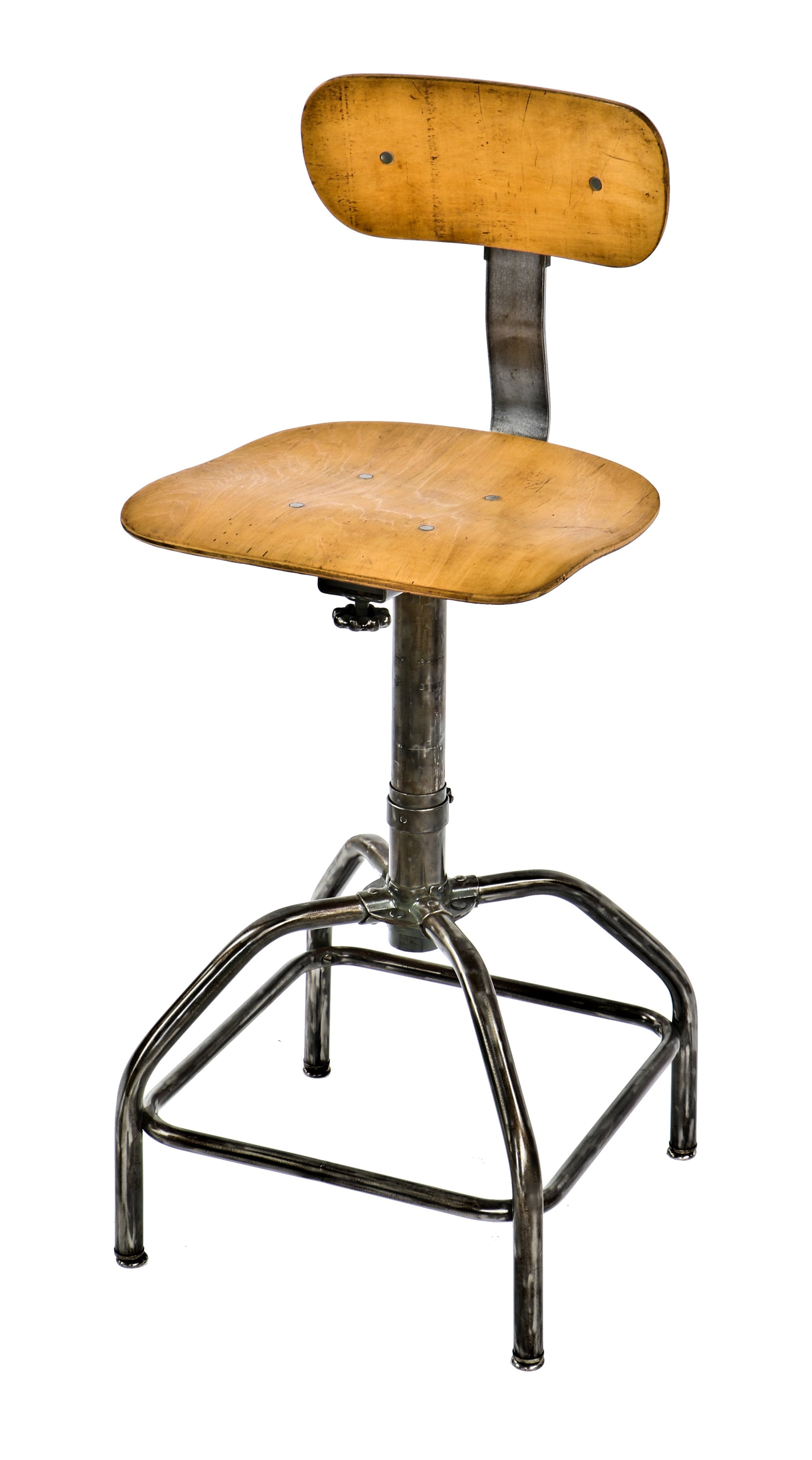 thoroughly cleaned and refinished mid-20th century vintage american industrial tubular steel four-legged adjustable height machine shop stool with maple wood seat
