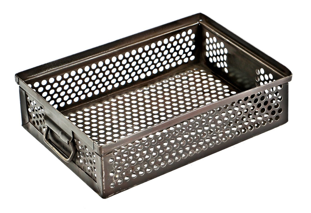 heavily reinforced c. 1940's antique american industrial stackable perforated steel factory tote or single bin with allover perforated holes and opposed drop handles