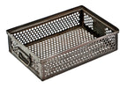 heavily reinforced c. 1940's antique american industrial stackable perforated steel factory tote or single bin with allover perforated holes and opposed drop handles