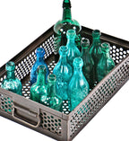 heavily reinforced c. 1940's antique american industrial stackable perforated steel factory tote or single bin with allover perforated holes and opposed drop handles