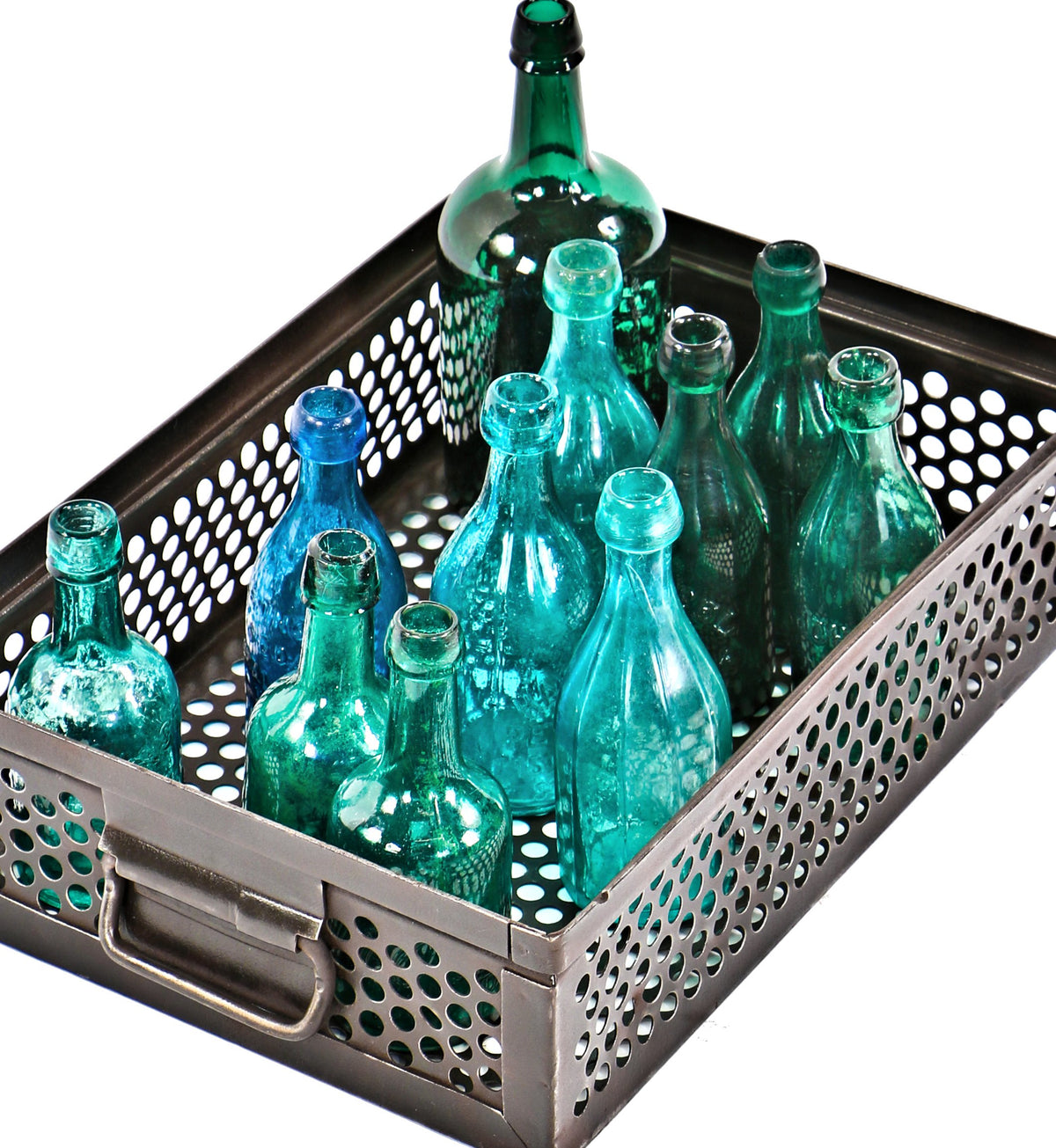 heavily reinforced c. 1940's antique american industrial stackable perforated steel factory tote or single bin with allover perforated holes and opposed drop handles