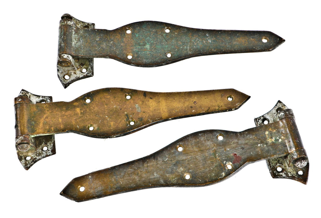 three matching all original late 19th or early 20th century heavy cast bronze gloekler butcher shop cooler door strap hinges with a partially intact nickel-plated finish